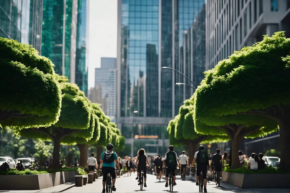 A bustling tree-lined pedestrian bolevard down the middle of a city street, filled with walkers and bikers, protected from lanes of traffic on both sides and surrounded by high-rises.